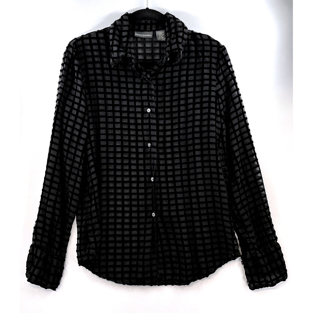 Banana Republic Sheer Burnout Grid Button Front Blouse Sz M Minimalist